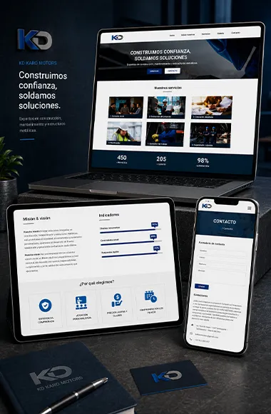 Diseño web responsive de KD Karo Motors presentado en dispositivos